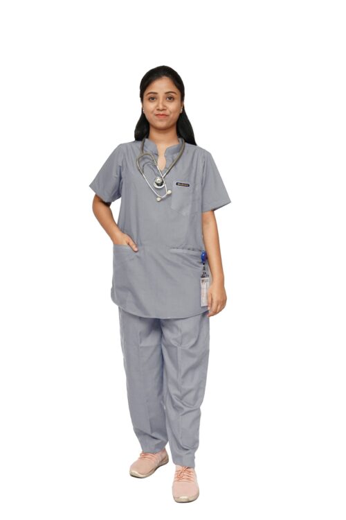 Womens Mandarin Collar Scrub Suit with 7 Pockets–Dark Grey