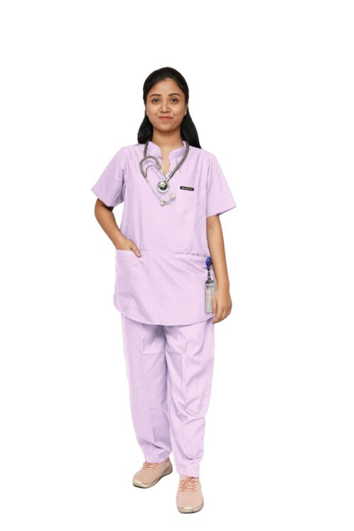 Women’s Mandarin Collar Scrub Suit with 7 Pockets –Pastel Lilac