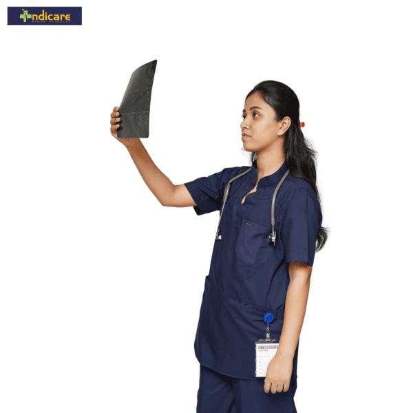 Women Mandarin Collar Plain Scrub Top with 3 pockets-Navy Blue - Image 3