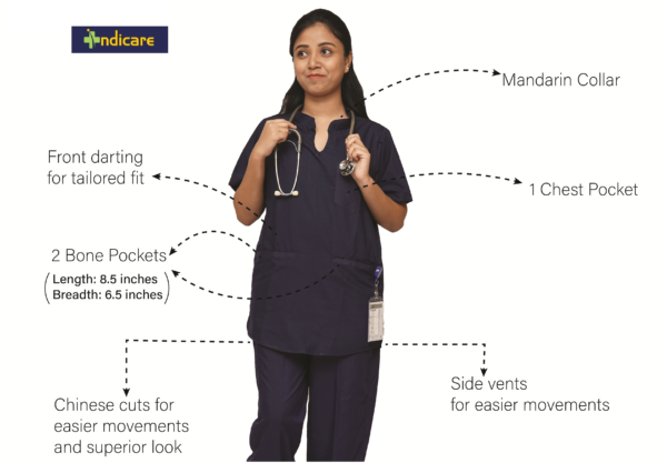 Women Mandarin Collar Plain Scrub Top with 3 pockets-Navy Blue - Image 5