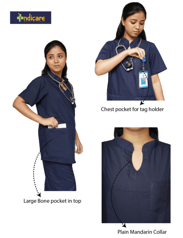 Women Mandarin Collar Plain Scrub Top with 3 pockets-Navy Blue - Image 4