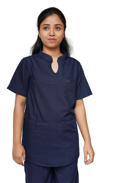 Women Mandarin Collar Plain Scrub Top with 3 pockets-Navy Blue