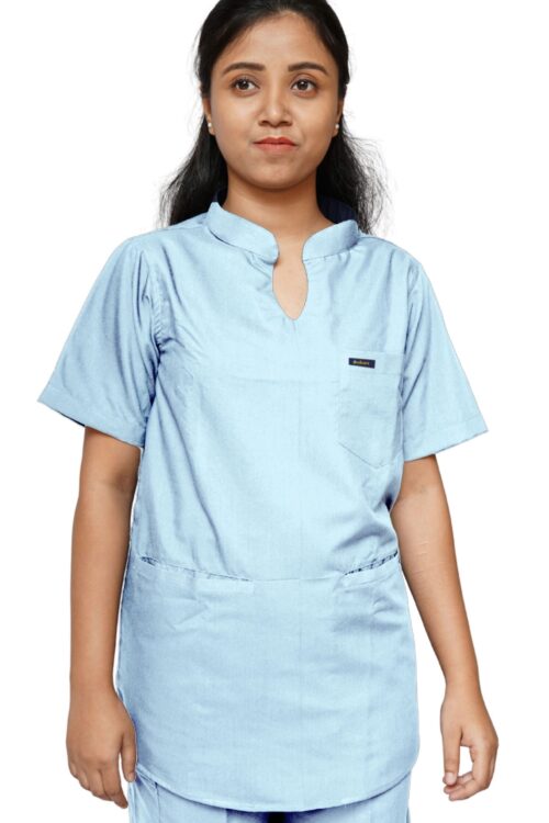 Women’s Mandarin Collar Plain Scrub Top with 3 pockets-Medical Blue