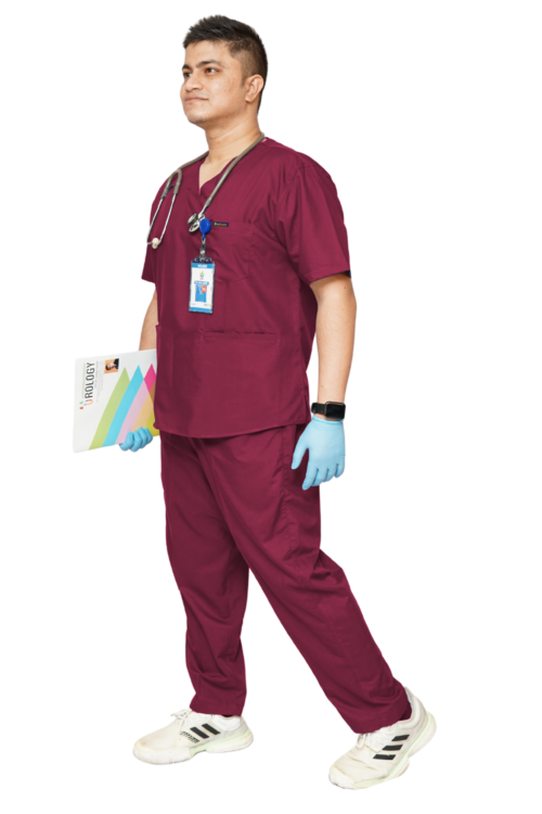 Mens V-neck Scrub Suit with 7 pockets (Chilly Maroon ) perfect for doctors, surgeons & medical workers