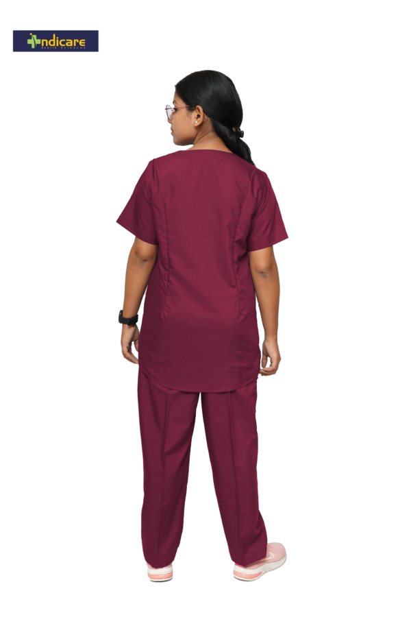 Womens V-neck Scrub Suit with 7 pockets (Chilly Maroon ) Ideal for Doctors & healthcare workers - Image 2