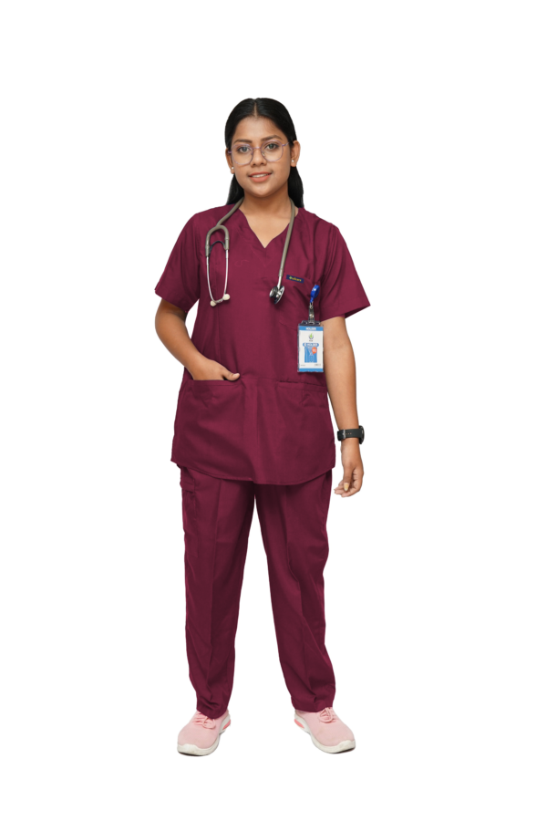 Womens V-neck Scrub Suit with 7 pockets (Chilly Maroon ) Ideal for Doctors & healthcare workers