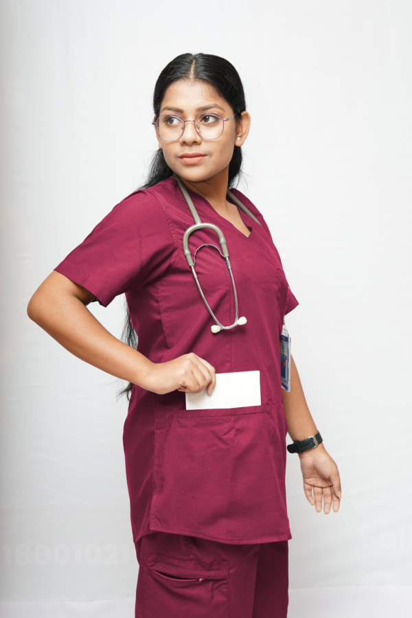 Womens V-neck Scrub Suit with 7 pockets (Chilly Maroon ) Ideal for Doctors & healthcare workers - Image 3