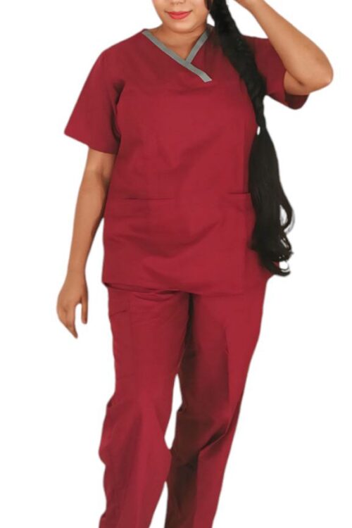 Womens V-neck Scrub Suit with 6 pockets (Chilly Maroon ) perfect for doctors, surgeons & medical workers