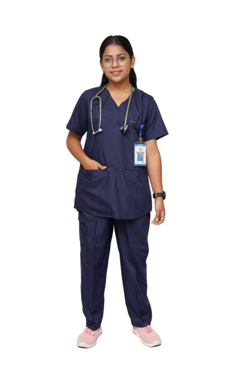 Womens V-neck Scrub Suit with 7 Pockets – Navy Blue